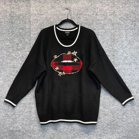 TORRID Sweater Size 2X Black Red Sequin Plaid Lips Crew Neck Pullover Festive - Picture 4 of 16